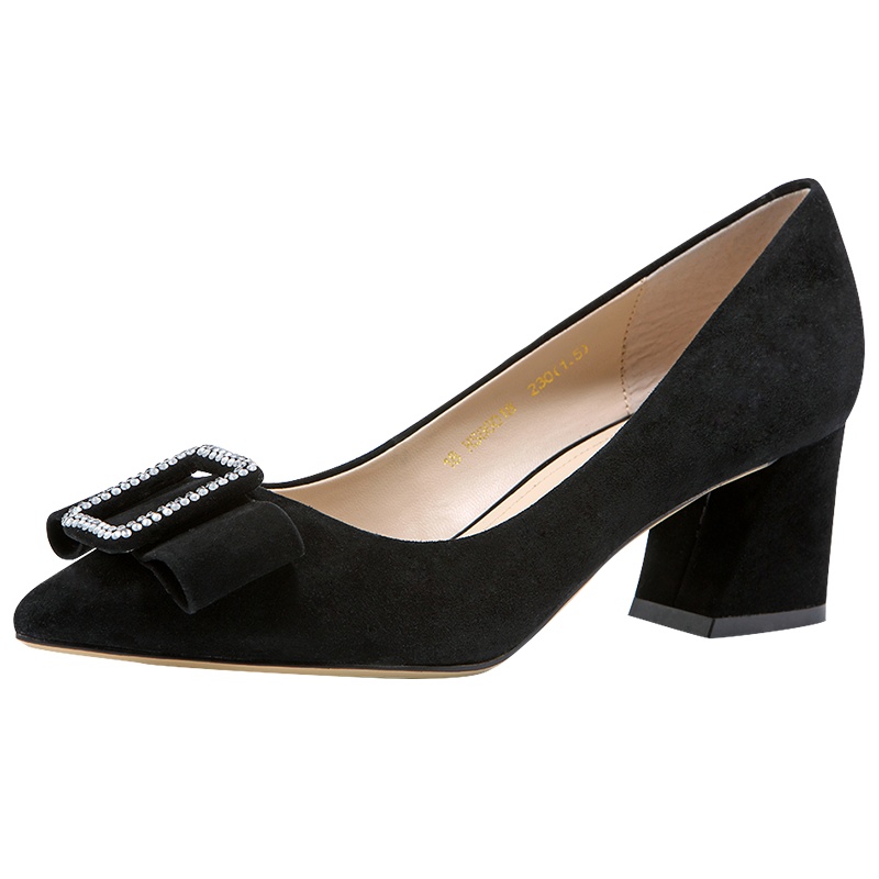 HARSON/哈森 尖头反绒水钻女鞋粗跟高跟单鞋HS86018