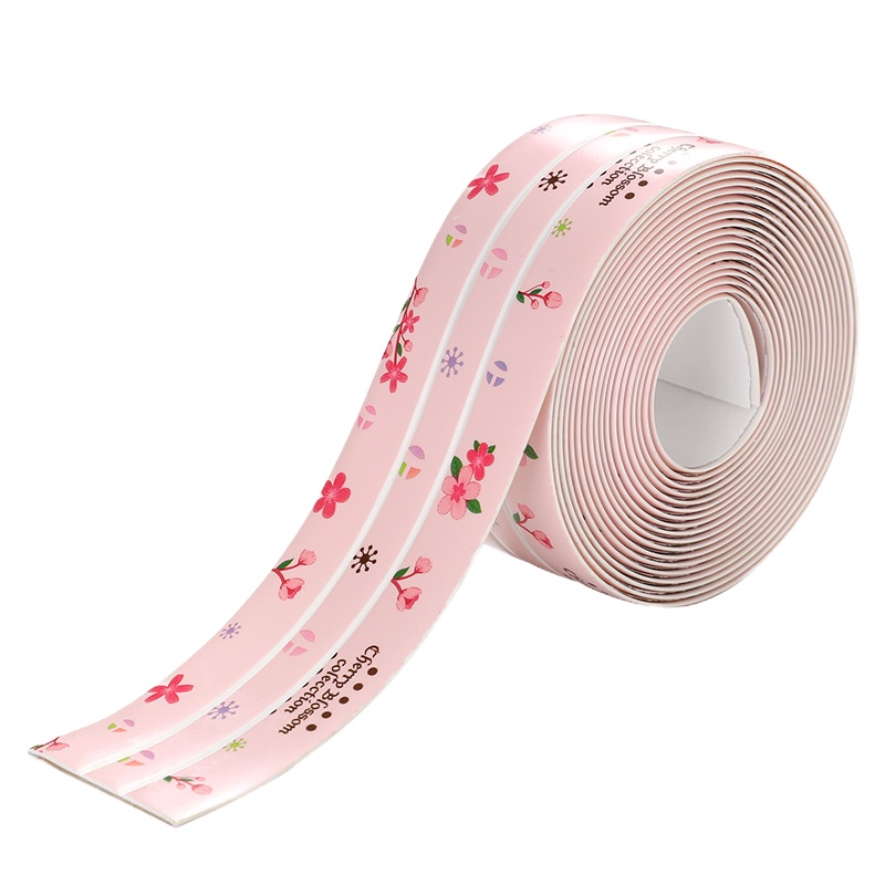 厨房 条闪电客浴室挡水条淋浴房免安装台面阻水卫生间马桶贴 白底粉色花蕊(双折款)