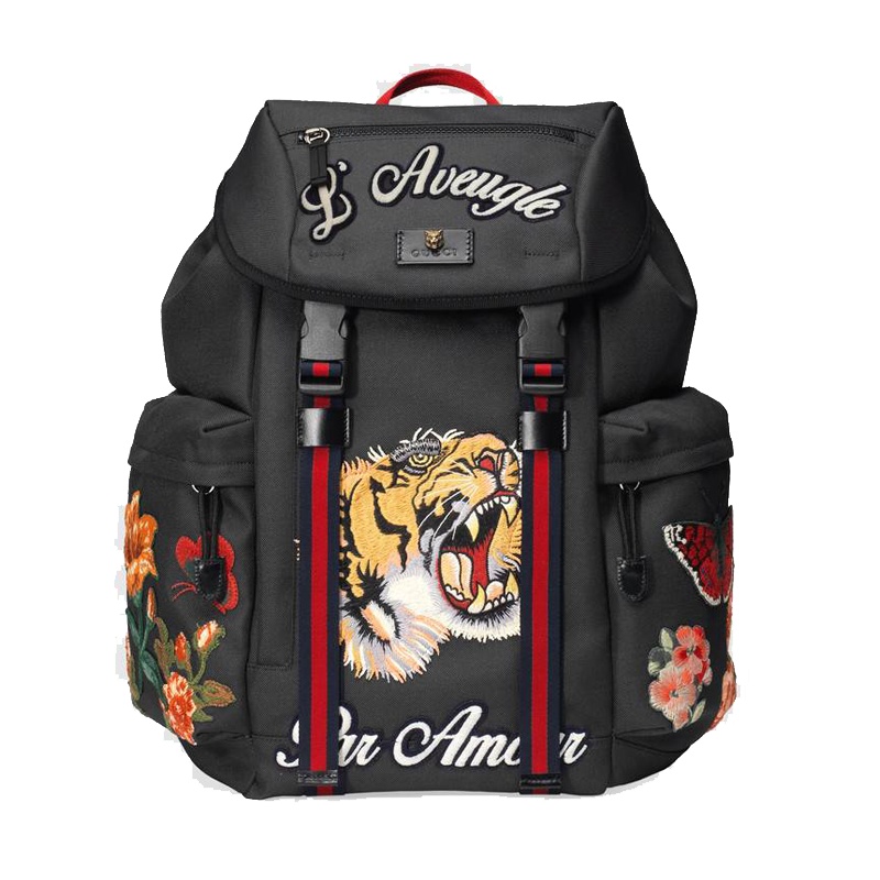 [直营]古驰(GUCCI)高科技帆布虎头花卉刺绣装饰背包男士双肩背式双肩包 男包