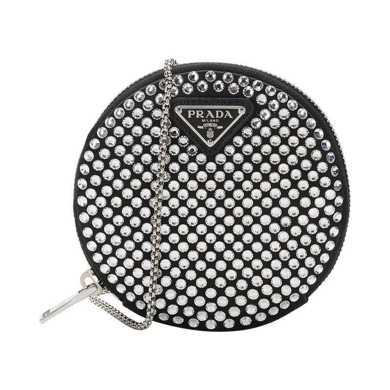 PRADA 普拉达 女士 织物仿水晶装饰圆形手拿包单肩斜挎包迷你款 1NR003 2AWL