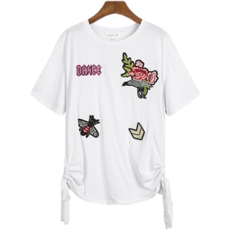 Puella夏季新款宽松显瘦刺绣短袖T恤女中长上衣20010308