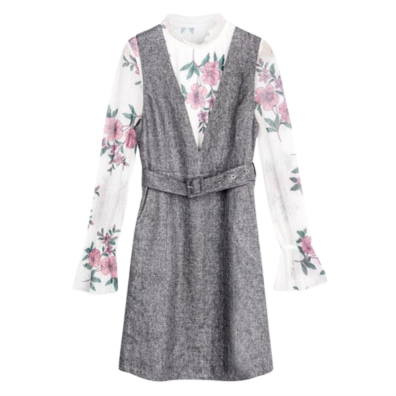 【专柜同款】时尚套装裙女2019春新款喇叭袖修身两件套配V领收腰很仙的连衣裙20011657