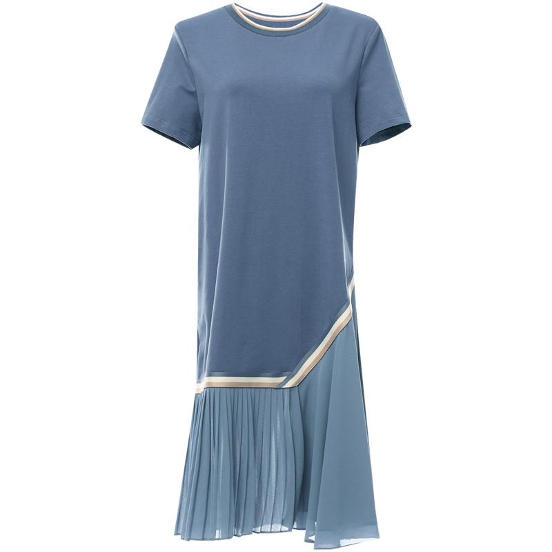 欧昵雪不规则百褶雪纺拼接鱼尾圆领T恤连衣裙女