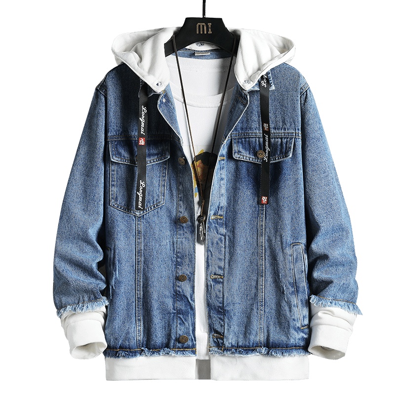 AEMAPE苹果 牛仔外套男连帽夹克假两件2020新款潮流韩版休闲服