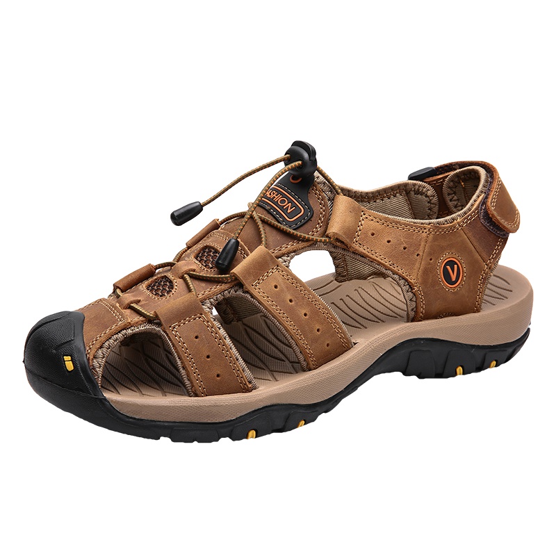 策乐(cele)夏季凉鞋男头层牛皮沙滩鞋包头户外男鞋魔术贴休闲鞋男大码鞋HY-7239