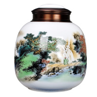 LICHEN 景德镇茶叶罐陶瓷密封储物干坚果罐子中草药防潮防虫带盖罐约半斤装双层金属盖子 山水A