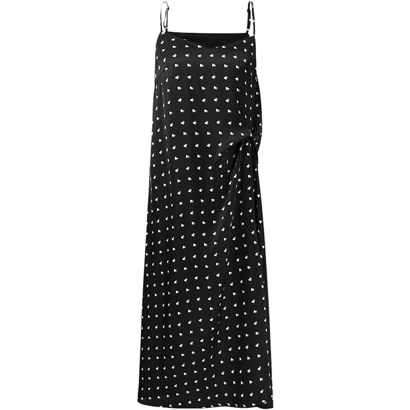 三彩2021春季新款甜美V领吊带裙女中长款爱心印花连衣裙缎面裙