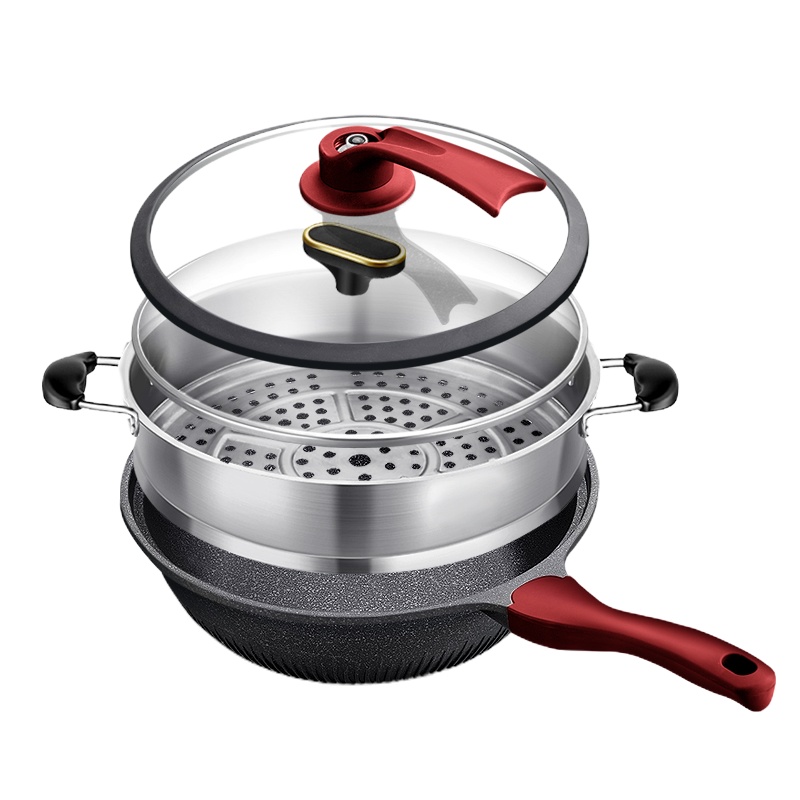 新丰腾麦饭石不粘锅炒锅无油烟平底锅炒菜锅家用多功能电磁炉燃气灶适用F1001炒锅32cm抗菌微压款(红色双盖)+豪华蒸笼