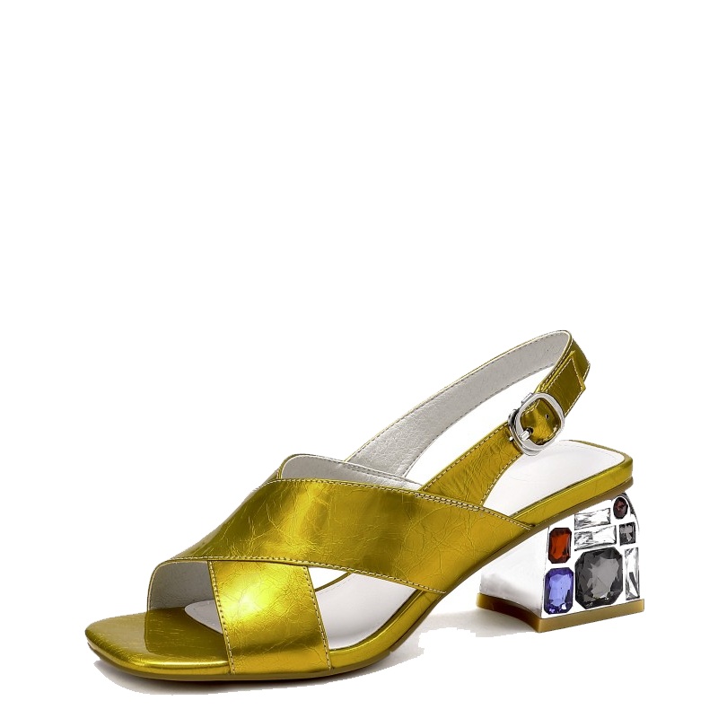 格瑞迪欧牛皮2020夏季新款金色时尚百搭水钻一字式扣带后空粗跟中跟露趾女凉鞋108-1