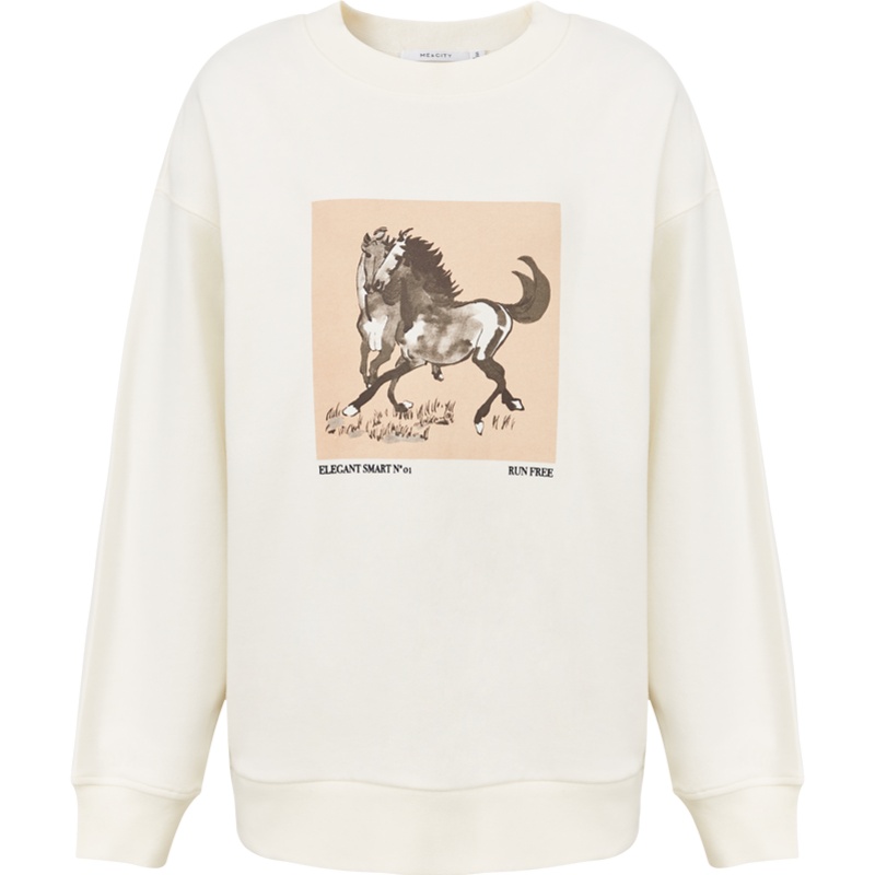 情侣MECITY女装秋冬新款纯棉骏马动物印花圆领宽松卫衣上衣女