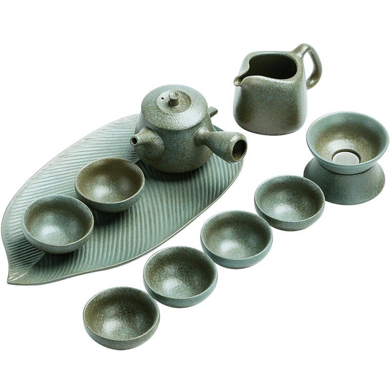 青石釉侧把壶泡茶器日式茶盘功夫茶具套装陶瓷干泡家用茶杯 青石侧把壶干泡10头(小叶盘)