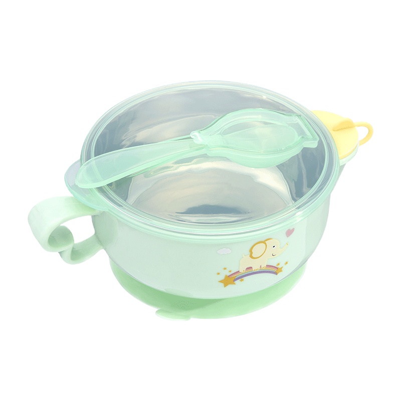 开优米(Kiuimi)儿童不锈钢餐具宝宝注水保温碗吸盘碗带勺子带吸盘辅食碗婴童碗冬季 绿色3件套