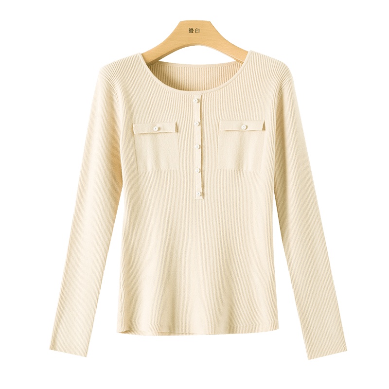 晚白2020秋冬新品通勤时尚纯色圆领长袖修身毛衫打底衫针织衫女