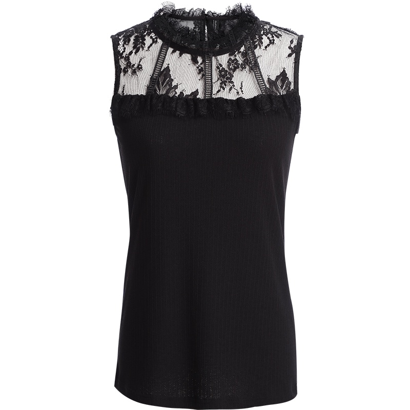 欧昵雪夏季透视气质睫毛蕾丝拼接修身显瘦针织上衣女无袖