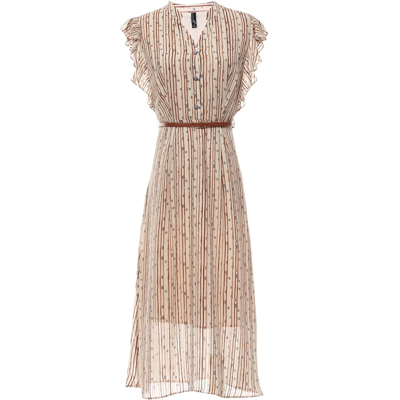 欧昵雪夏季V领拼接飞飞袖收腰条纹波点雪纺连衣裙女