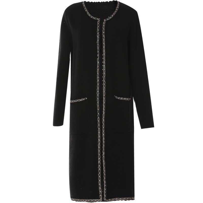 欧昵雪秋冬季名媛时尚双口袋中长款毛衣外套女长袖针织开衫