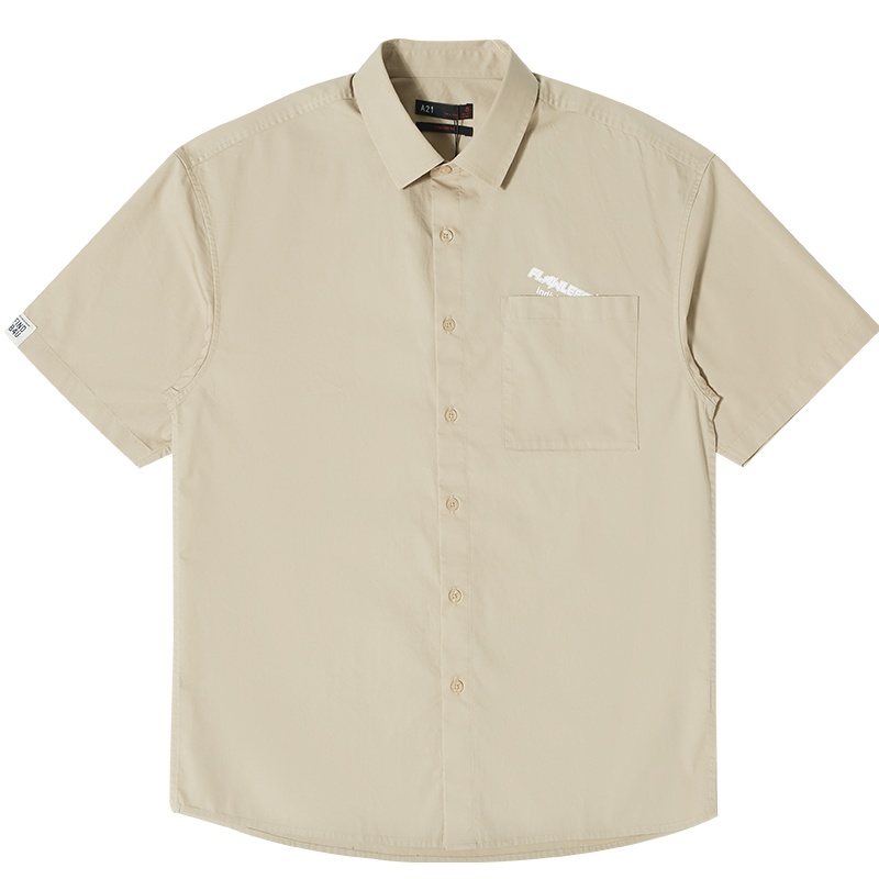 A21夏季2021新款男装 梭织磨毛宽松翻领短袖全开襟上衣男简约衬衫