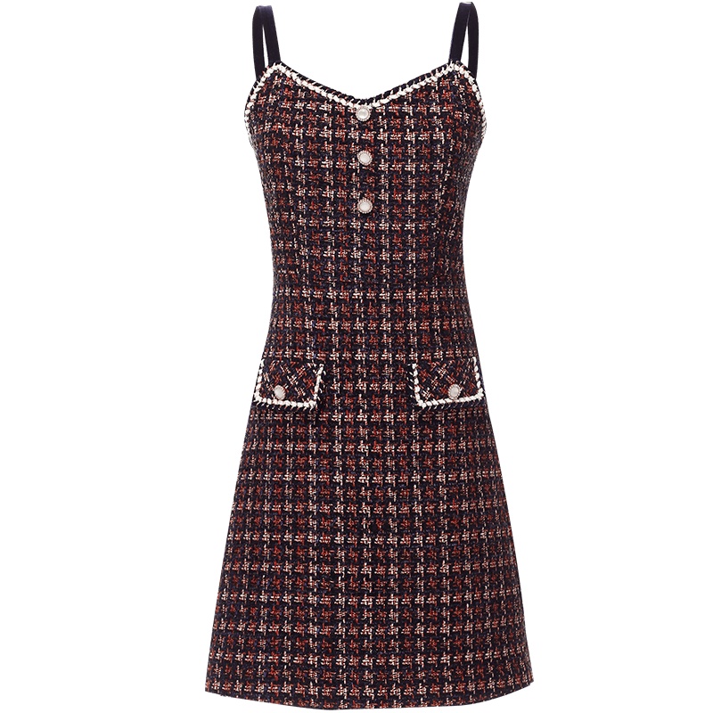 欧昵雪秋冬时尚粗花呢子吊带裙女收腰无袖毛呢背心连衣裙