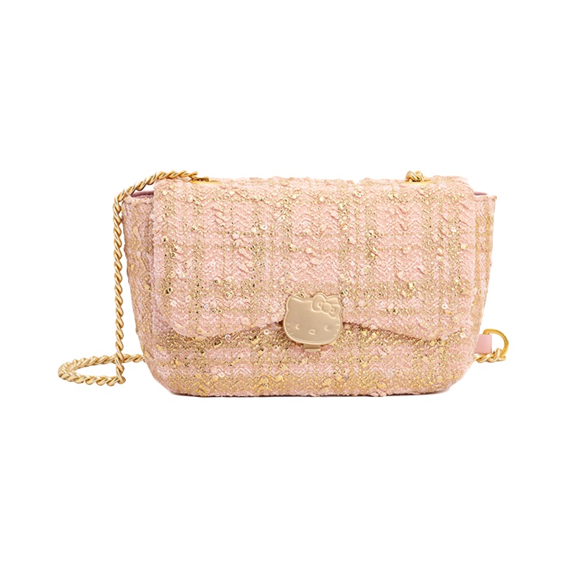 HELLO KITTY 毛呢格子系列hellokitty翻盖链条单肩斜挎包 粉