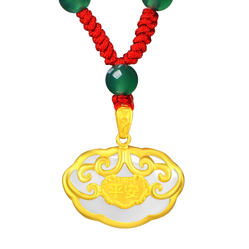 蒂蔻 金镶玉平安锁包吊坠项链宝宝款和田玉镶嵌红绳挂坠套链出生礼满月百天周岁小孩子礼物