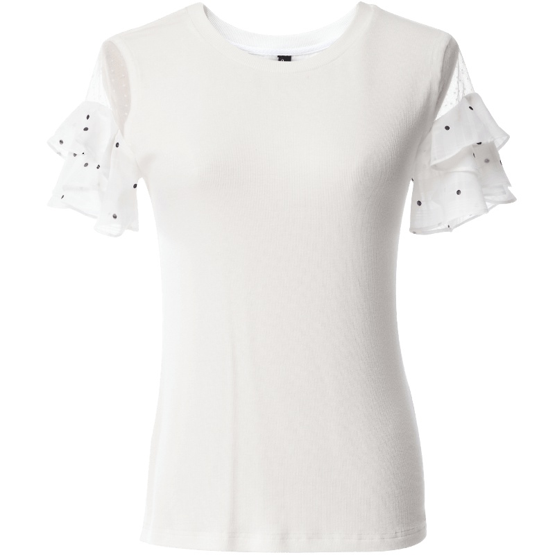 欧昵雪夏季波点荷叶袖拼接纱短袖圆领T恤女修身上衣