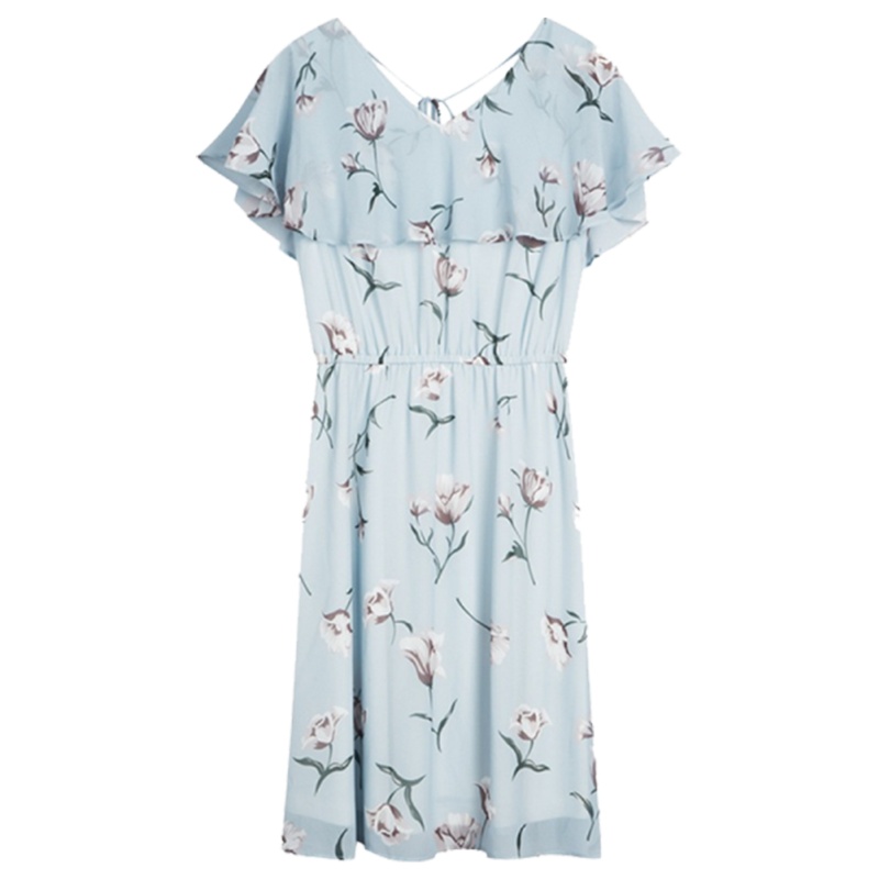 【专柜同款】拉夏贝尔旗下7M夏新款韩版V领喇叭袖收腰碎花中长雪纺连衣裙70010912