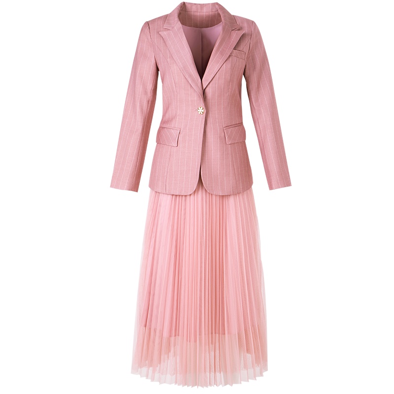 晚白2021春季新品淑女两件套显瘦竖条纹西装纱纱裙半裙时尚套装女