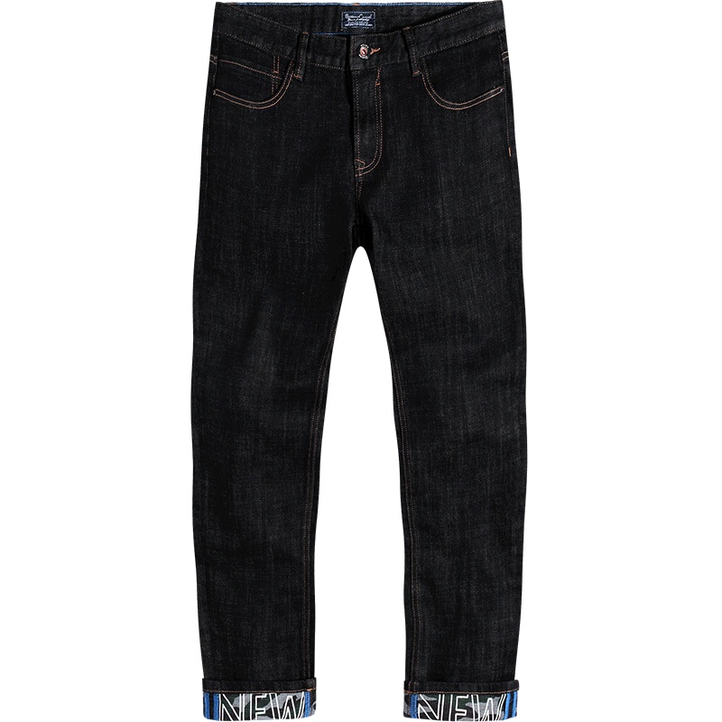 与狼共舞牛仔裤男士2019秋季新款修身直筒长裤潮流韩版黑色裤子*