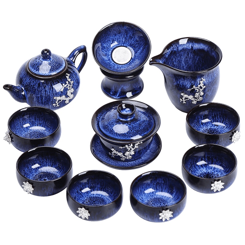 領藝 建盏镶鎏银茶具套装曜变天目釉功夫茶具整套礼品陶瓷茶壶茶杯 海之蓝(锡银)建盏10头礼盒装