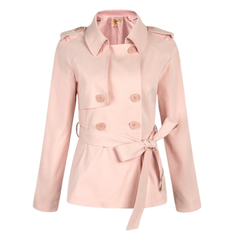 【福利款】拉夏贝尔韩版甜美粉色系腰带短外套风衣