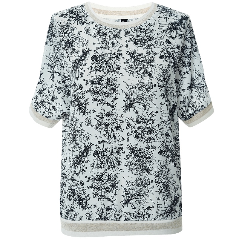 欧昵雪复古水墨印花梭织上衣夏螺纹圆领宽松短袖T恤女