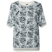 欧昵雪复古水墨印花梭织上衣夏螺纹圆领宽松短袖T恤女