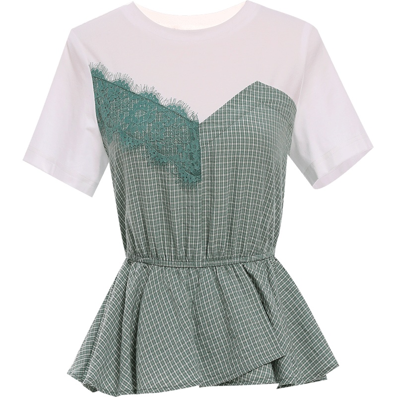 欧昵雪夏季圆领拼接睫毛蕾丝收腰格子假两件T恤女上衣