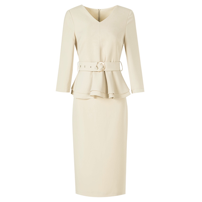 晚白2021春新品通勤两件套V领修身上衣高腰包臀裙职业纯色套装女