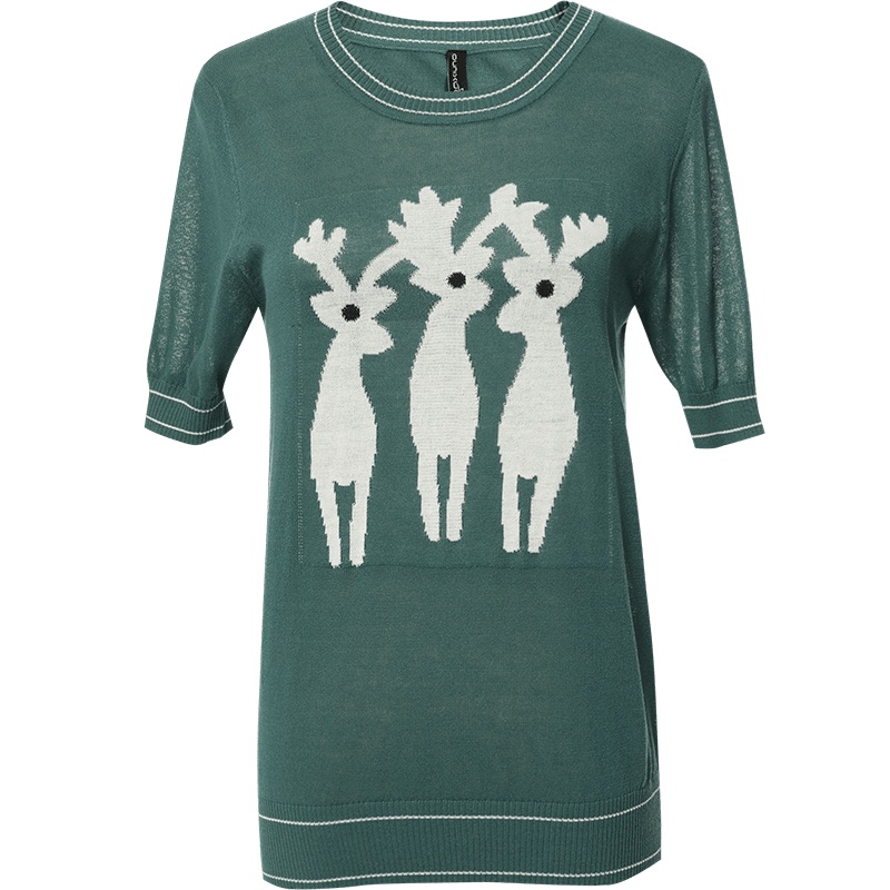 欧昵雪撞色圆领小鹿图案显瘦短款针织衫女短袖上衣