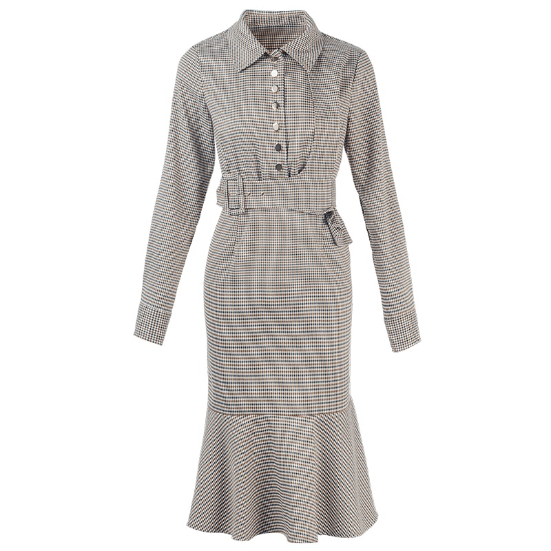 晚白2021春季新品通勤修身显瘦翻领长袖高腰鱼尾裙格子连衣裙女