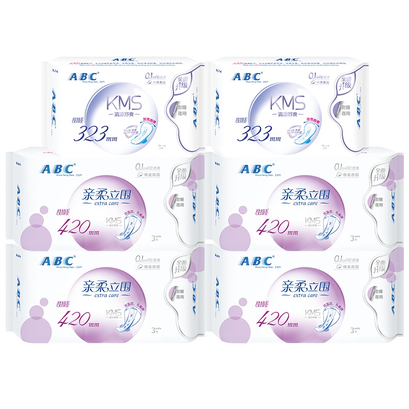 ABC卫生巾超长甜睡夜用 轻透薄棉柔卫生巾组合套装共6包共18片 姨妈巾