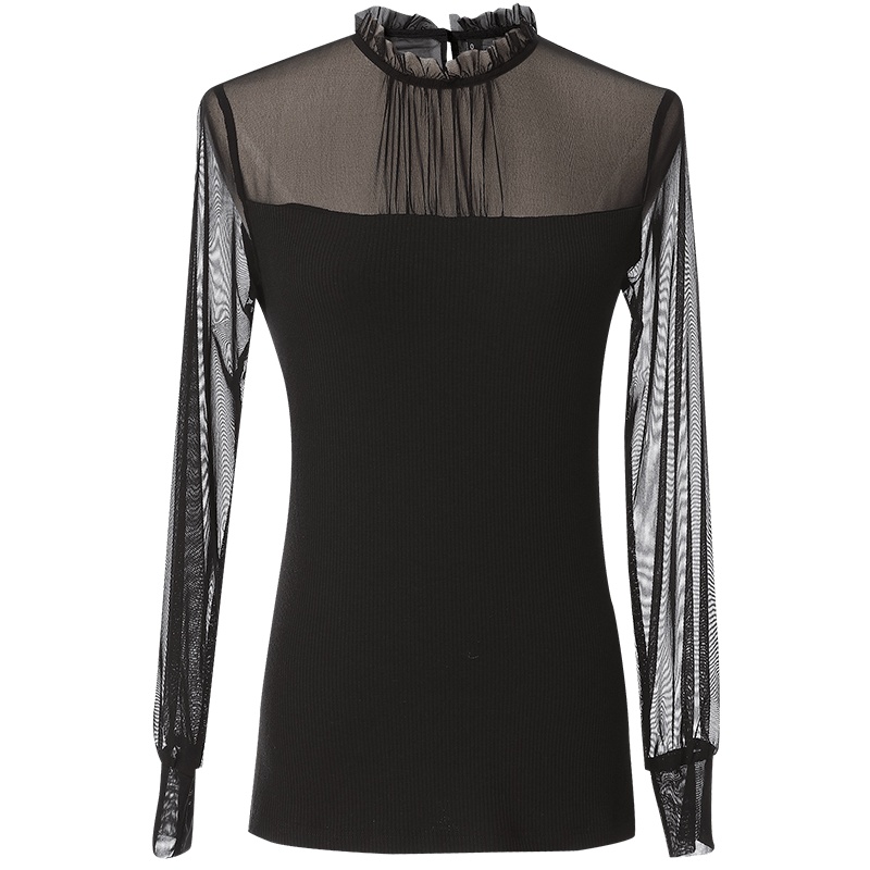 欧昵雪秋季透视立领拼接网纱长袖打底衫上衣女时尚小衫