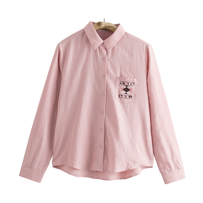 茵曼女清新文艺范绣花棉麻衬衫女长袖春秋宽松亚麻衬衣百搭上衣1861011370