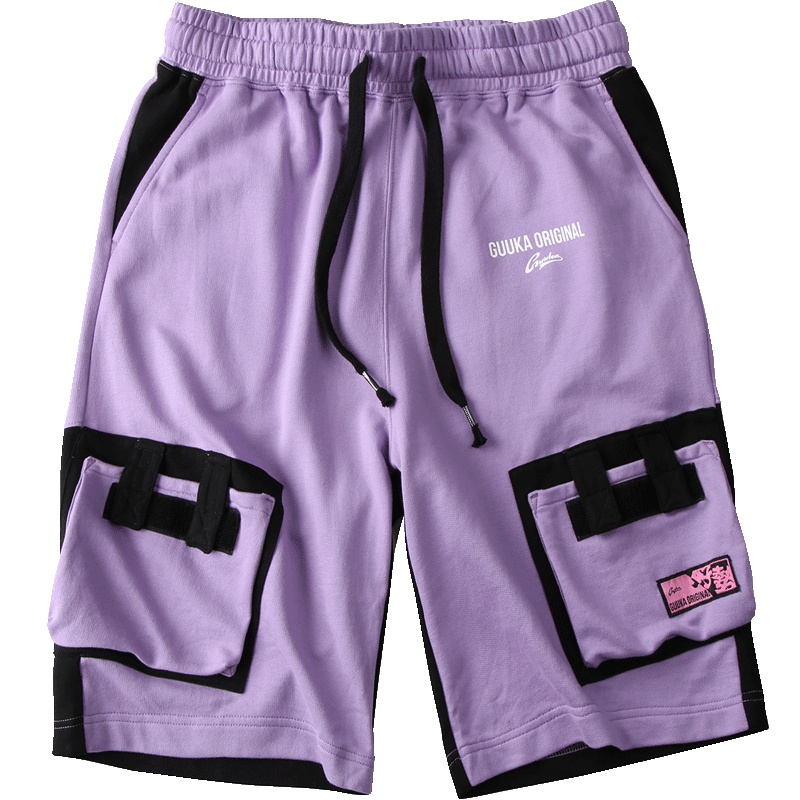 Guuka紫色拼接短裤男潮牌 夏季学生嘻哈运动多口袋工装五分裤宽松