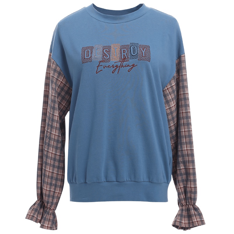 欧昵雪圆领字母绣花短款上衣女格子喇叭长袖显瘦卫衣