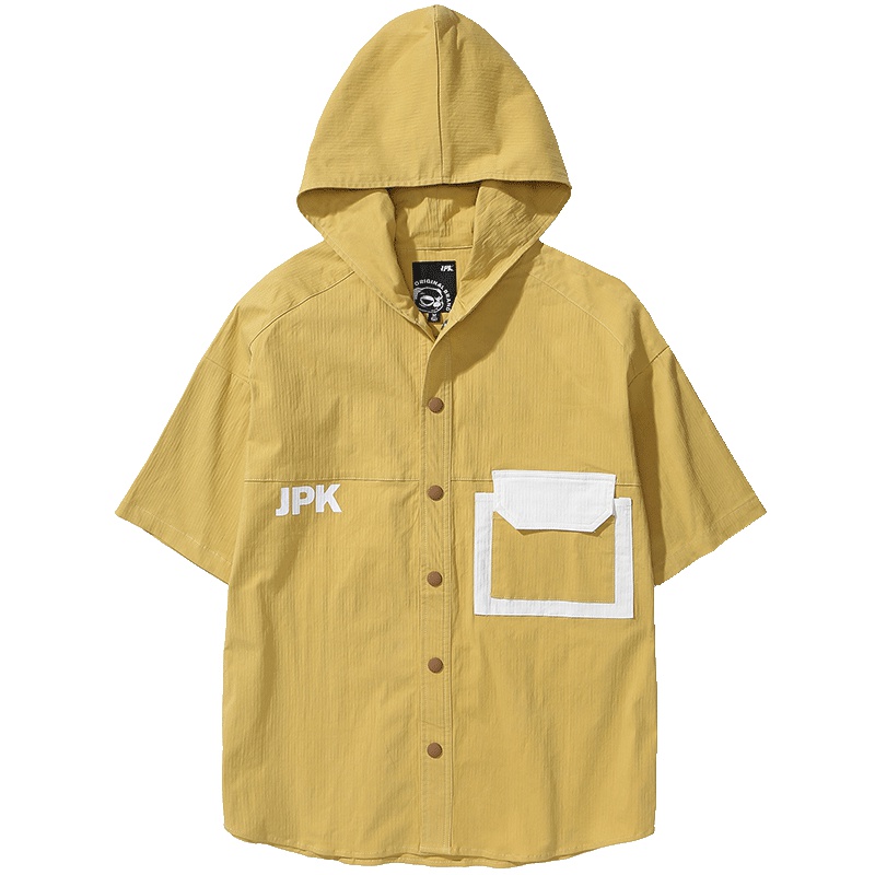 JPK原创潮牌大码男装宽松国潮色连帽复古港风短袖衬衫女夏外套