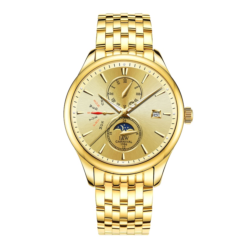 瑞士嘉年华CARNIVAL手表全自动机械表 男新款商务防水手表男士夜光男表星辰日历金色男表时尚休闲金属精钢腕表8732