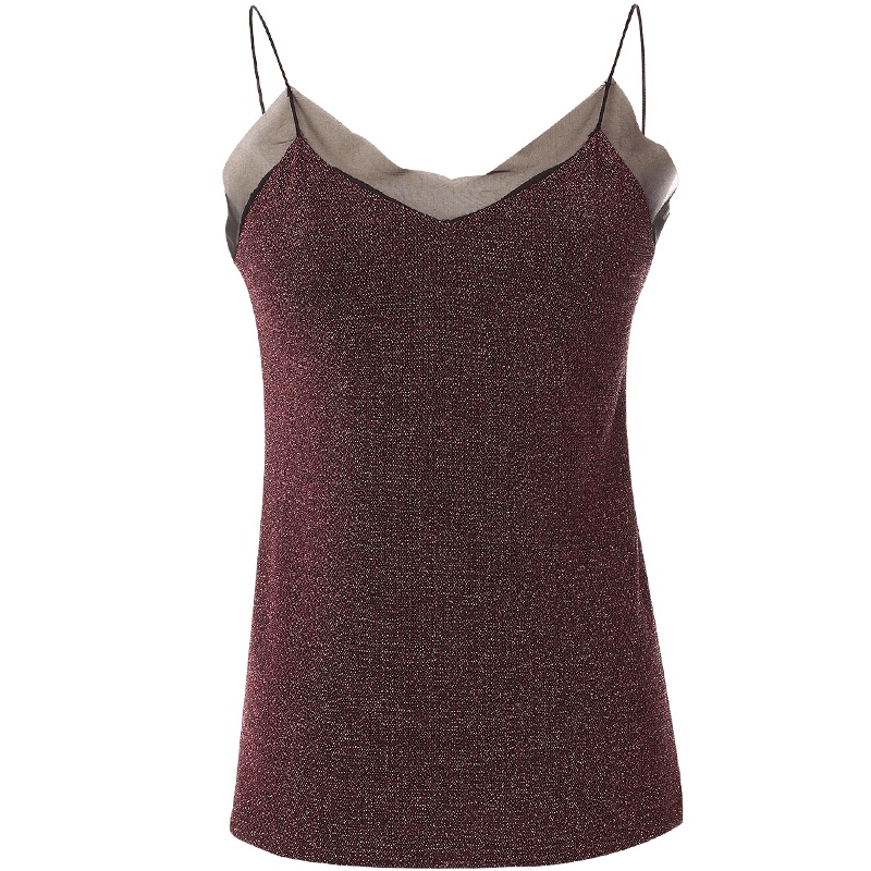 欧昵雪秋装V领拼接网纱亮丝吊带衫女修身内搭背心上衣