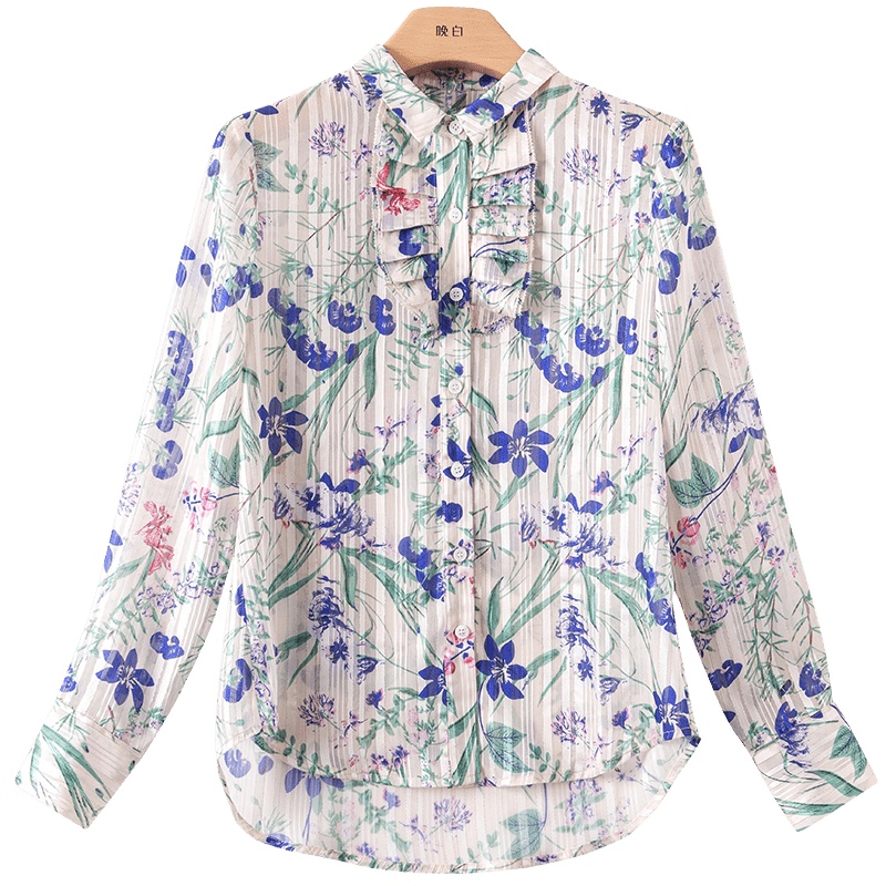 晚白2021春季新品时尚百搭印花翻领荷叶边长袖百搭上衣衬衫衬衣女