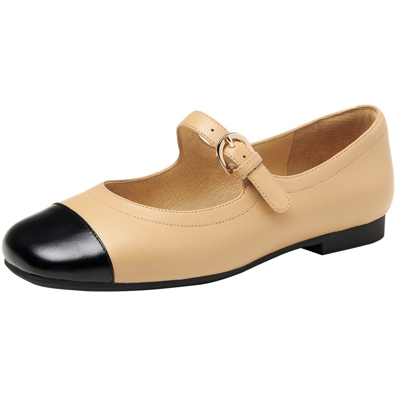 百田森2021年新款小香风玛丽珍鞋女平底真皮单鞋一字带复古浅口鞋