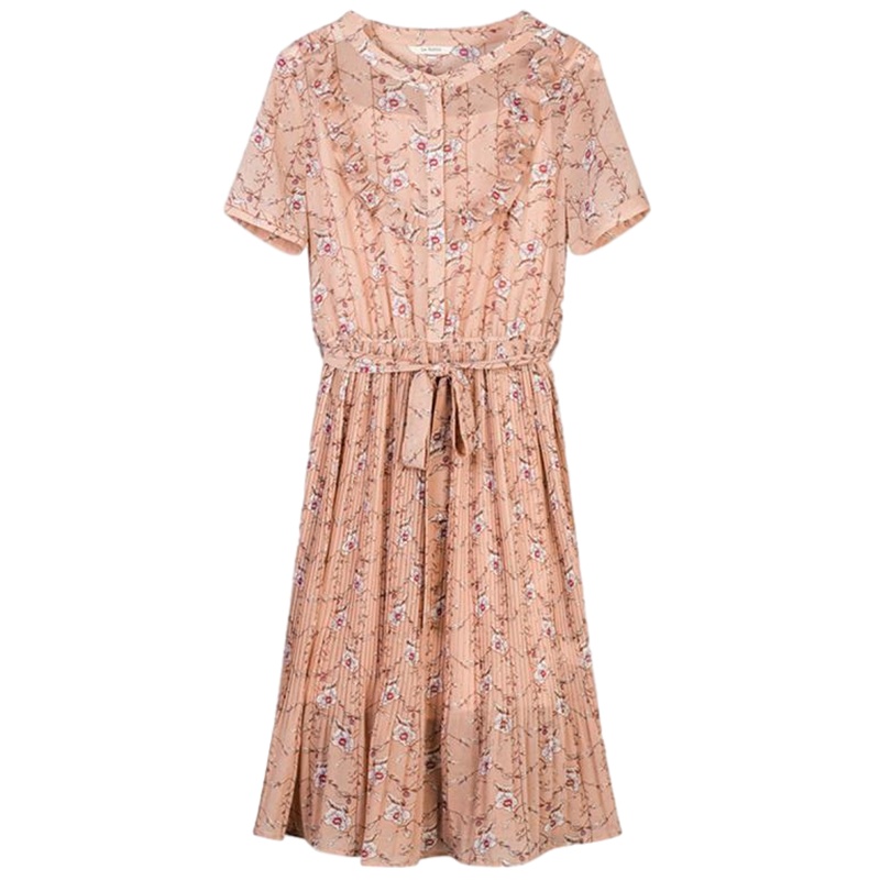 拉夏贝尔夏季V领短袖高腰系带中长款雪纺碎花百褶连衣裙吊带套装