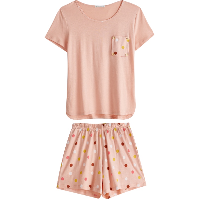 爱帝睡衣女夏薄款棉莫代尔波点短袖t睡衣圆领甜美小清新家居服套装