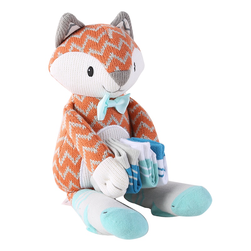 BabyAspen针织狐狸婴儿安抚毛绒玩具新生儿袜子四双礼品盒套装0-6