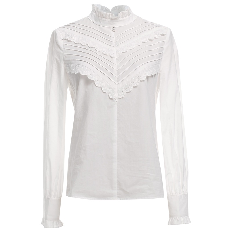 欧昵雪木耳边立领长袖纯棉衬衫上衣女白色显瘦衬衣